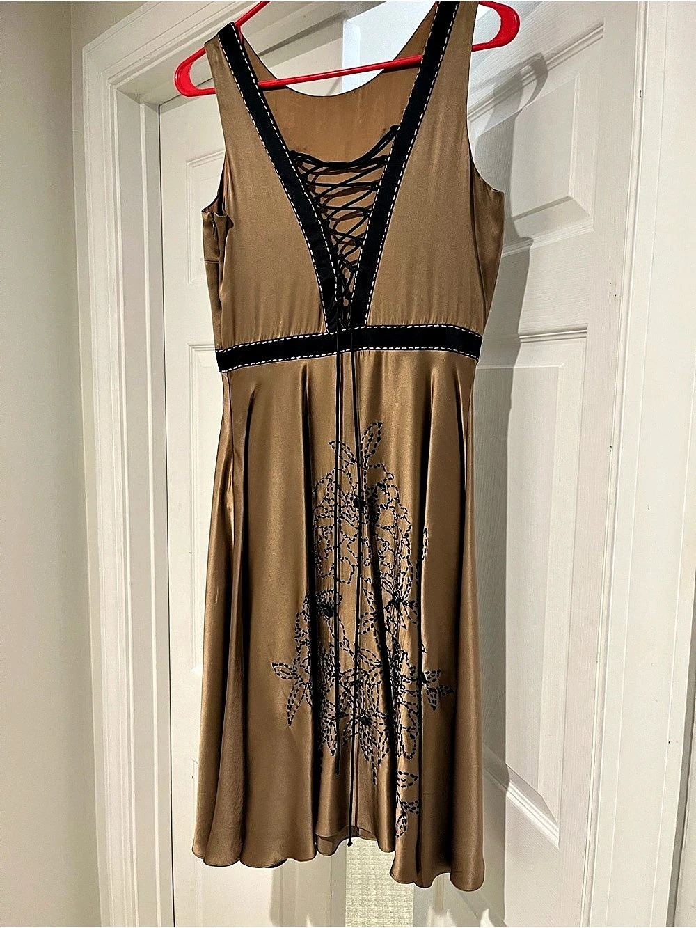 Sue Wong Silk & Embroidered Midi Dress in Bronze Brown & Black Size 6